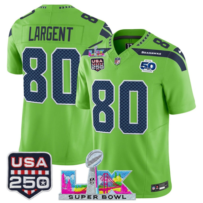 Men's Seattle Seahawks #80 Steve Largent Green 2025 F.U.S.E. Super Bowl LX Patch And 50th Season & USA 250' Patch Vapor Limited Football Stitched Jersey Men's Seattle Seahawks #80 Steve Largent Green 2025 F.U.S.E. Super Bowl LX Patch And 50th Season & USA 250' Patch Vapor Limited Football Stitched Jersey