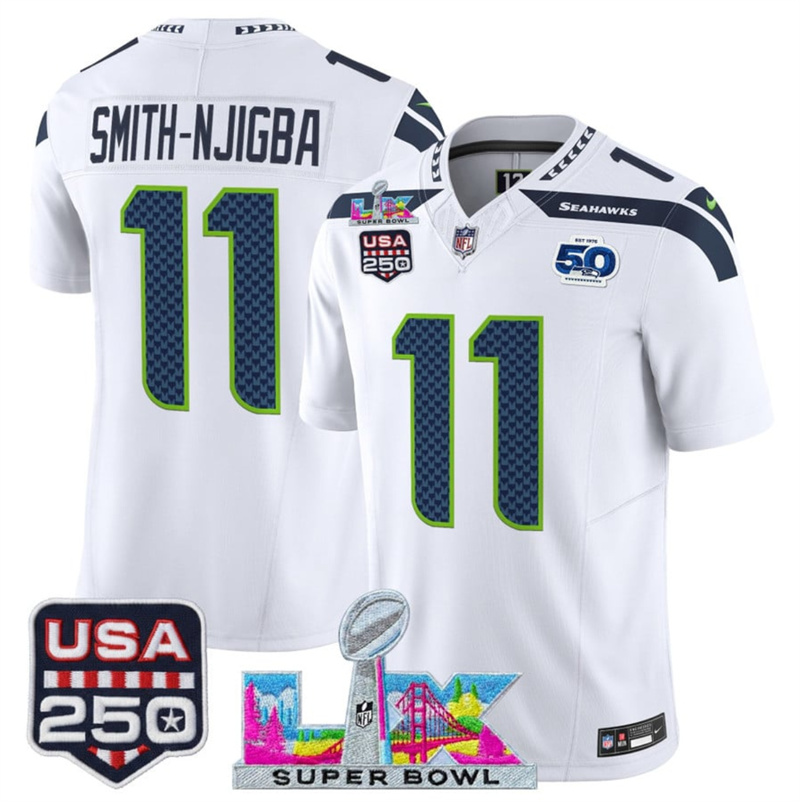 Men's Seattle Seahawks #11 Jaxon Smith-Njigba White 2025 F.U.S.E. Super Bowl LX Patch And 50th Season & USA 250' Patch Vapor Limited Football Stitched Jersey Men's Seattle Seahawks #11 Jaxon Smith-Njigba White 2025 F.U.S.E. Super Bowl LX Patch And 50th Season & USA 250' Patch Vapor Limited Football Stitched Jersey