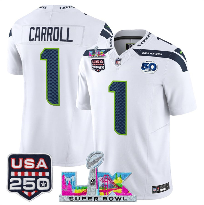 Men's Seattle Seahawks #1 Pete Carroll White 2025 F.U.S.E. Super Bowl LX Patch And 50th Season & USA 250' Patch Vapor Limited Football Stitched Jersey Men's Seattle Seahawks #1 Pete Carroll White 2025 F.U.S.E. Super Bowl LX Patch And 50th Season & USA 250' Patch Vapor Limited Football Stitched Jersey