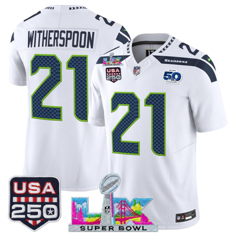 Men's Seattle Seahawks #21 Devon Witherspoon White 2025 F.U.S.E. Super Bowl LX Patch And 50th Season & USA 250' Patch Vapor Limited Football Stitched Jersey Men's Seattle Seahawks #21 Devon Witherspoon White 2025 F.U.S.E. Super Bowl LX Patch And 50th Season & USA 250' Patch Vapor Limited Football Stitched Jersey