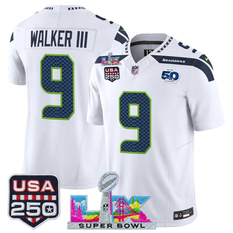 Men's Seattle Seahawks #9 Kenneth Walker III White 2025 F.U.S.E. Super Bowl LX Patch And 50th Season & USA 250' Patch Vapor Limited Football Stitched Jersey Men's Seattle Seahawks #9 Kenneth Walker III White 2025 F.U.S.E. Super Bowl LX Patch And 50th Season & USA 250' Patch Vapor Limited Football Stitched Jersey