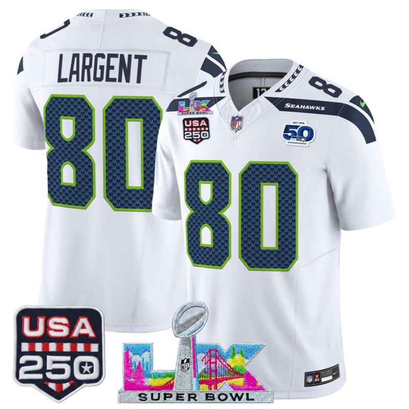 Men's Seattle Seahawks #80 Steve Largent White 2025 F.U.S.E. Super Bowl LX Patch And 50th Season & USA 250' Patch Vapor Limited Football Stitched Jersey Men's Seattle Seahawks #80 Steve Largent White 2025 F.U.S.E. Super Bowl LX Patch And 50th Season & USA 250' Patch Vapor Limited Football Stitched Jersey