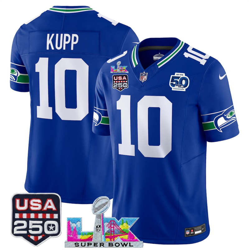Men's Seattle Seahawks #10 Cooper Kupp Royal 2025 F.U.S.E. Super Bowl LX Patch And 50th Season Patch Vapor Throwback Limited Stitched Football Jersey Men's Seattle Seahawks #10 Cooper Kupp Royal 2025 F.U.S.E. Super Bowl LX Patch And 50th Season Patch Vapor Throwback Limited Stitched Football Jersey