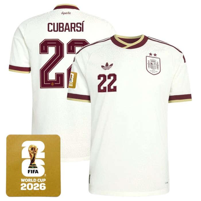 Men's Spain Team #22 Pau Cubarsí White 2026 World Cup Away Soccer Jersey