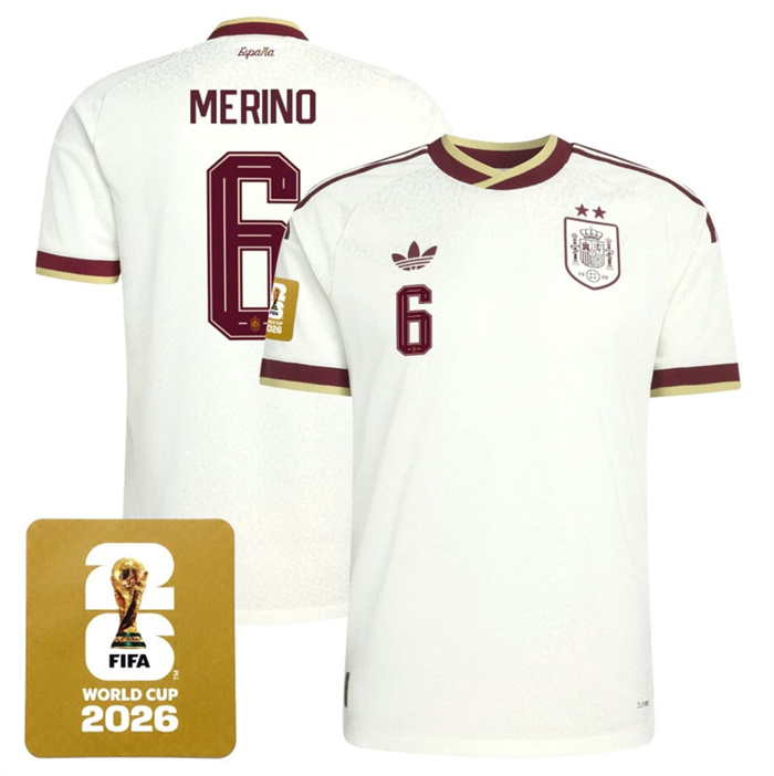 Men's Spain Team #6 Mikel Merino White 2026 World Cup Away Soccer Jersey