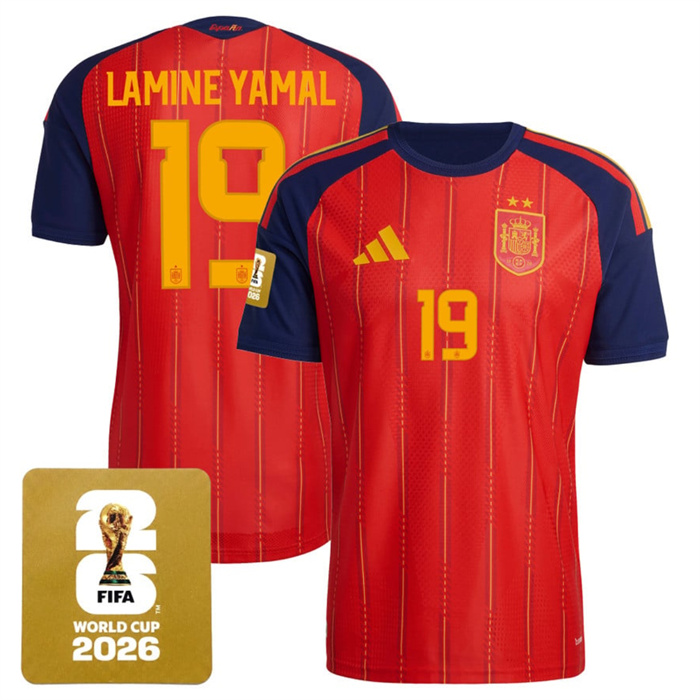Men's Spain Team #19 Lamine Yamal Red 2026 World Cup Home Soccer Jersey