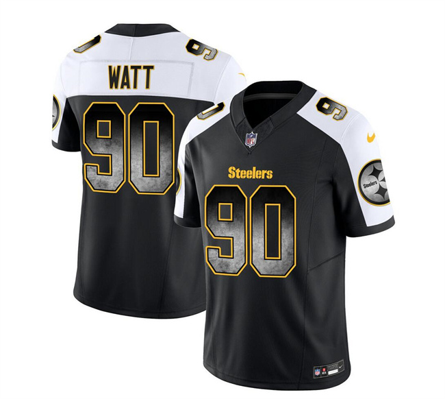 Men's Pittsburgh Steelers #90 T.J. Watt Black/White 2023 F.U.S.E. Smoke Vapor Untouchable Limited Stitched Jersey Men's Pittsburgh Steelers #90 T.J. Watt Black/White 2023 F.U.S.E. Smoke Vapor Untouchable Limited Stitched Jersey