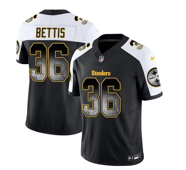 Men's Pittsburgh Steelers #36 Jerome Bettis Black/White 2023 F.U.S.E. Smoke Vapor Untouchable Limited Stitched Jersey Men's Pittsburgh Steelers #36 Jerome Bettis Black/White 2023 F.U.S.E. Smoke Vapor Untouchable Limited Stitched Jersey
