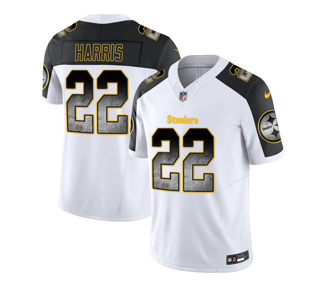 Men's Pittsburgh Steelers #22 Najee Harris White/Black 2023 F.U.S.E. SmokeVapor Untouchable Limited Stitched Jersey Men's Pittsburgh Steelers #22 Najee Harris White/Black 2023 F.U.S.E. SmokeVapor Untouchable Limited Stitched Jersey