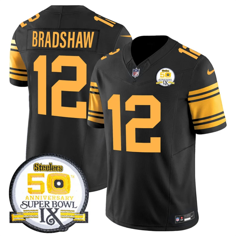 Men's Pittsburgh Steelers #12 Terry Bradshaw Black 2024 F.U.S.E. 50th Anniversary Of Super Bowl IX Color Rush Limited Stitched Jersey Men's Pittsburgh Steelers #12 Terry Bradshaw Black 2024 F.U.S.E. 50th Anniversary Of Super Bowl IX Color Rush Limited Stitched Jersey