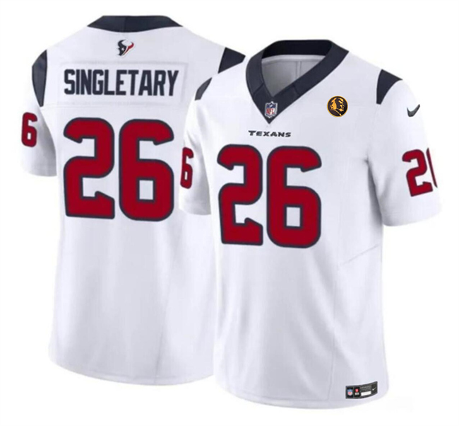 Men's Houston Texans #26 Devin Singletary White 2023 F.U.S.E. With John Madden Patch Vapor Limited Stitched Football Jersey Men's Houston Texans #26 Devin Singletary White 2023 F.U.S.E. With John Madden Patch Vapor Limited Stitched Football Jersey