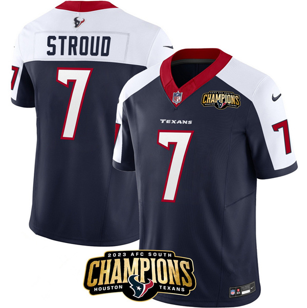 Men's Houston Texans #7 C.J. Stroud Navy/White 2023 F.U.S.E. AFC South Champions Patch Limited Stitched Football Jersey Men's Houston Texans #7 C.J. Stroud Navy/White 2023 F.U.S.E. AFC South Champions Patch Limited Stitched Football Jersey
