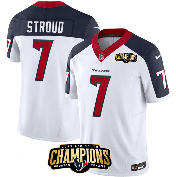 Men's Houston Texans #7 C.J. Stroud White/Navy 2023 F.U.S.E. AFC South Champions Patch Limited Stitched Football Jersey Men's Houston Texans #7 C.J. Stroud White/Navy 2023 F.U.S.E. AFC South Champions Patch Limited Stitched Football Jersey