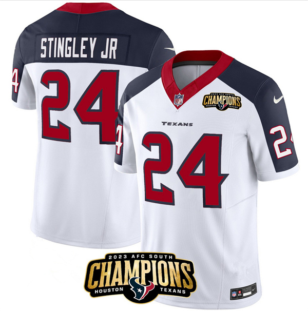 Men's Houston Texans #24 Derek Stingley Jr. White/Navy 2023 F.U.S.E. With AFC South Champions Patch And Team Logo Patch Limited Stitched Football Jersey Men's Houston Texans #24 Derek Stingley Jr. White/Navy 2023 F.U.S.E. With AFC South Champions Patch And Team Logo Patch Limited Stitched Football Jersey