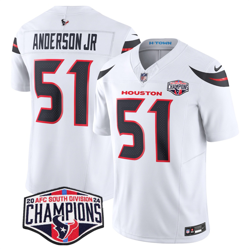 Men's Houston Texans #51 Will Anderson Jr. White F.U.S.E. 2024 AFC South Division Champions Vapor Limited Stitched Football Jersey Men's Houston Texans #51 Will Anderson Jr. White F.U.S.E. 2024 AFC South Division Champions Vapor Limited Stitched Football Jersey