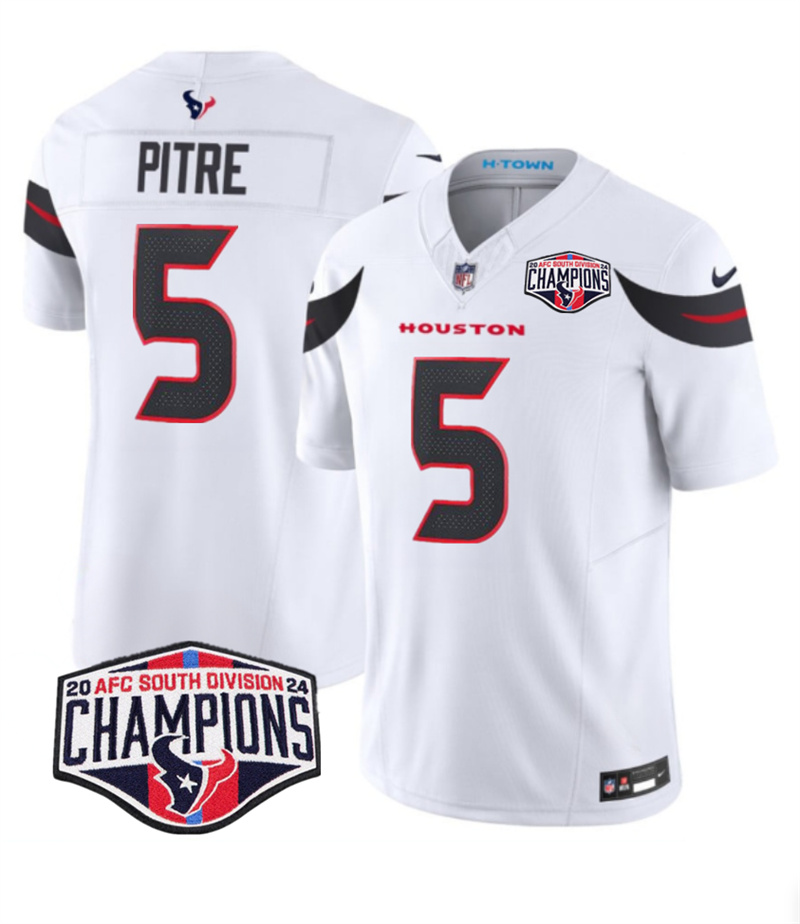 Men's Houston Texans #5 Jalen Pitre White F.U.S.E. 2024 AFC South Division Champions Vapor Limited Stitched Football Jersey Men's Houston Texans #5 Jalen Pitre White F.U.S.E. 2024 AFC South Division Champions Vapor Limited Stitched Football Jersey