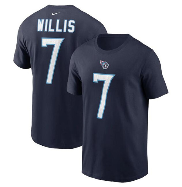 Men's Tennessee Titans #7 Malik Willis 2022 Navy Name & Number T-Shirt Men's Tennessee Titans #7 Malik Willis 2022 Navy Name & Number T-Shirt
