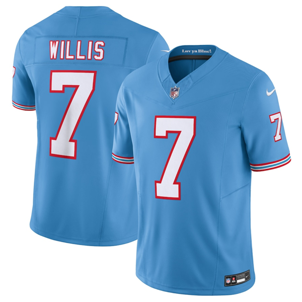 Men's Tennessee Titans #7 Malik Willis Light Blue 2023 F.U.S.E. Vapor Limited Throwback Stitched Football Jersey Men's Tennessee Titans #7 Malik Willis Light Blue 2023 F.U.S.E. Vapor Limited Throwback Stitched Football Jersey