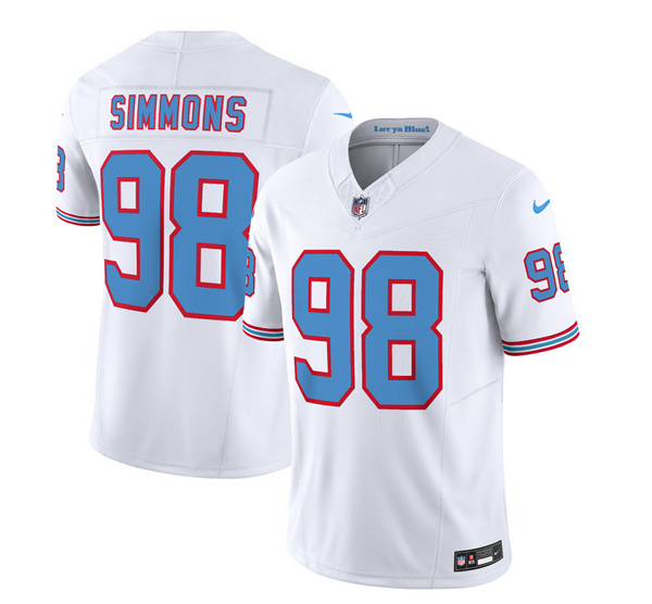 Men's Tennessee Titans #98 Jeffery Simmons White 2023 F.U.S.E. Vapor Limited Throwback Stitched Football Jersey Men's Tennessee Titans #98 Jeffery Simmons White 2023 F.U.S.E. Vapor Limited Throwback Stitched Football Jersey