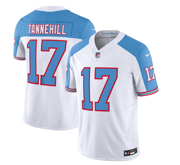 Men's Tennessee Titans #17 Ryan Tannehill White/Blue 2023 F.U.S.E. Vapor Limited Throwback Stitched Football Jersey Men's Tennessee Titans #17 Ryan Tannehill White/Blue 2023 F.U.S.E. Vapor Limited Throwback Stitched Football Jersey