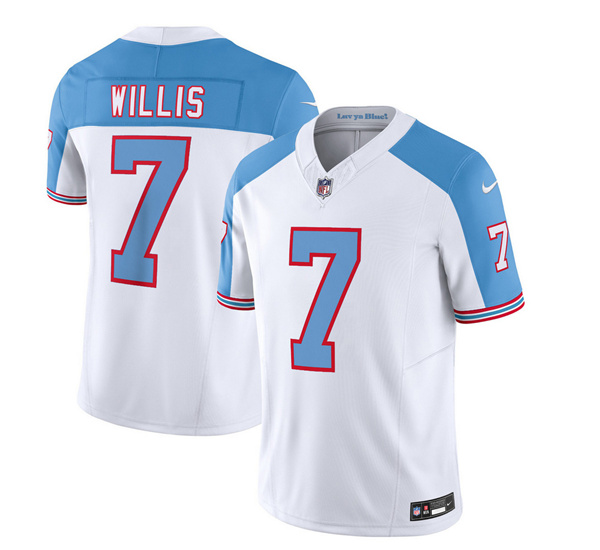 Men's Tennessee Titans #7 Malik Willis White/Blue 2023 F.U.S.E. Vapor Limited Throwback Stitched Football Jersey Men's Tennessee Titans #7 Malik Willis White/Blue 2023 F.U.S.E. Vapor Limited Throwback Stitched Football Jersey