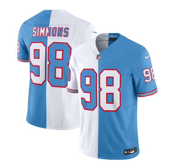 Men's Tennessee Titans #98 Jeffery Simmons White/Blue 2023 F.U.S.E. Split Vapor Limited Throwback Stitched Football Jersey Men's Tennessee Titans #98 Jeffery Simmons White/Blue 2023 F.U.S.E. Split Vapor Limited Throwback Stitched Football Jersey