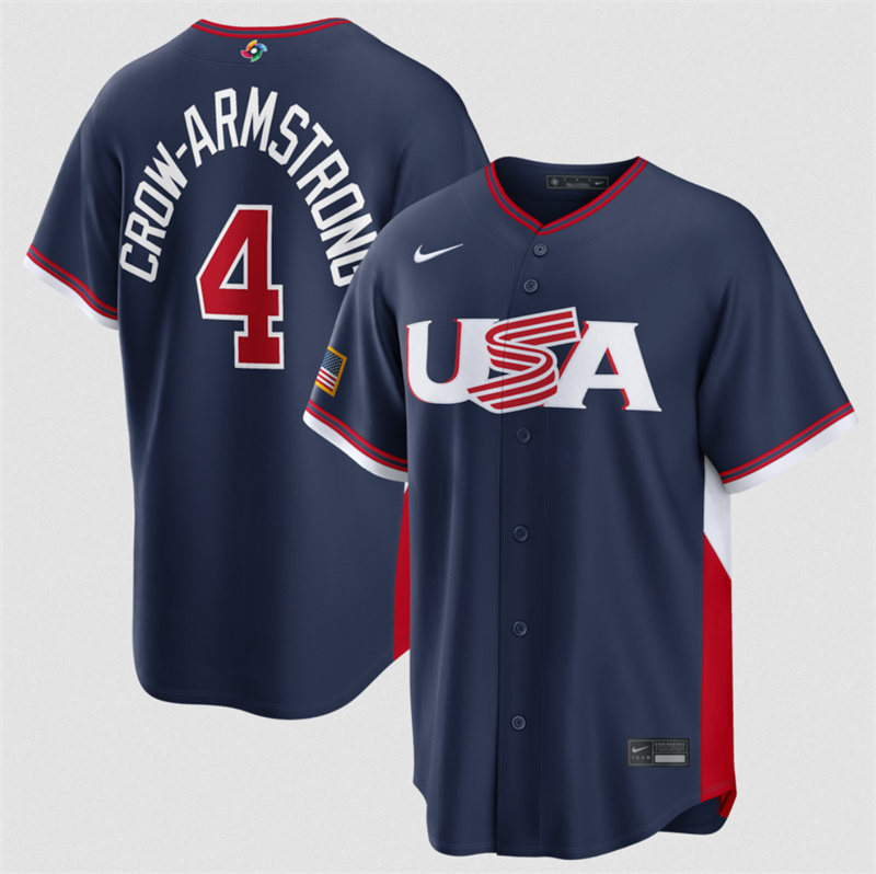 Men's USA Baseball #4 Pete Crow-Armstrong Navy 2026 World Baseball Classic Road Stadium Stitched Jersey Men's USA Baseball #4 Pete Crow-Armstrong Navy 2026 World Baseball Classic Road Stadium Stitched Jersey