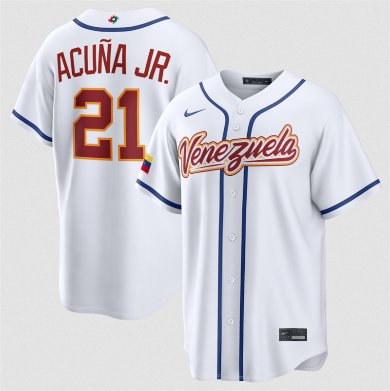 Men's Venezuela Baseball #21 Ronald Acuña Jr. White 2026 World Baseball Classic Home Stadium Stitched Jersey