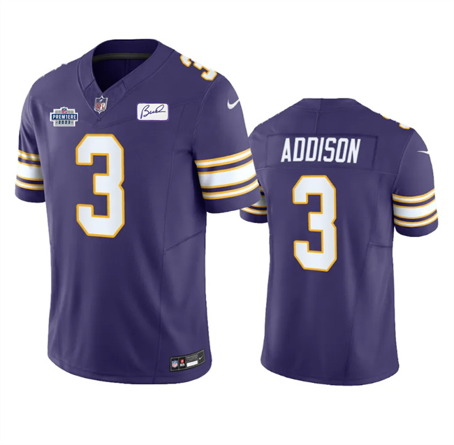 Men's Minnesota Vikings #3 Jordan Addison Purple 2023 F.U.S.E. With Prem1ere Patch Vapor Untouchable Limited Stitched Football Jersey