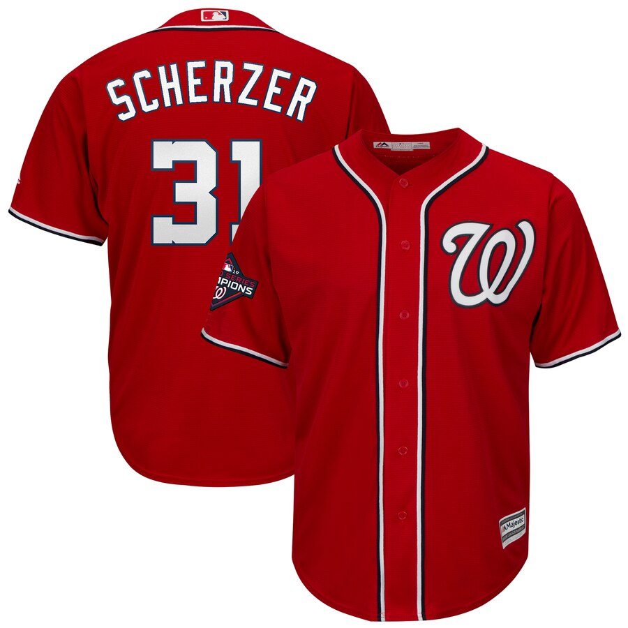 Washington Nationals #31 Max Scherzer Majestic 2019 World Series Champions Alternate Big & Tall Cool Base Player Jersey Red Washington Nationals #31 Max Scherzer Majestic 2019 World Series Champions Alternate Big & Tall Cool Base Player Jersey Red