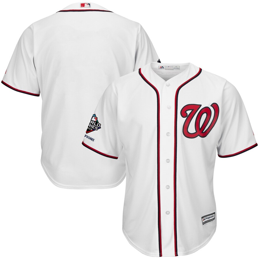 Washington Nationals Majestic 2019 World Series Champions Home Official Cool Base Bar Patch Jersey White Washington Nationals Majestic 2019 World Series Champions Home Official Cool Base Bar Patch Jersey White