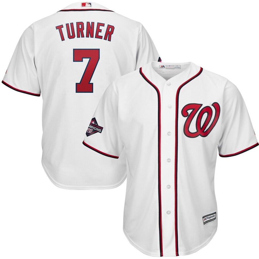 Washington Nationals #7 Trea Turner Majestic 2019 World Series Champions Home Cool Base Patch Player Jersey White Washington Nationals #7 Trea Turner Majestic 2019 World Series Champions Home Cool Base Patch Player Jersey White