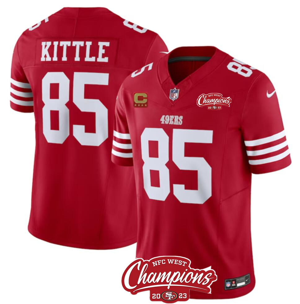 Men's San Francisco 49ers #85 George Kittle Red 2023 F.U.S.E. With 4-star C Ptach And NFC West Champions Patch Stitched Football Jersey Men's San Francisco 49ers #85 George Kittle Red 2023 F.U.S.E. With 4-star C Ptach And NFC West Champions Patch Stitched Football Jersey