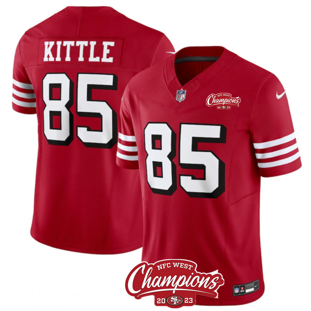 Men's San Francisco 49ers #85 George Kittle Red 2023 F.U.S.E. NFC West Champions Patch Alternate Stitched Football Jersey Men's San Francisco 49ers #85 George Kittle Red 2023 F.U.S.E. NFC West Champions Patch Alternate Stitched Football Jersey