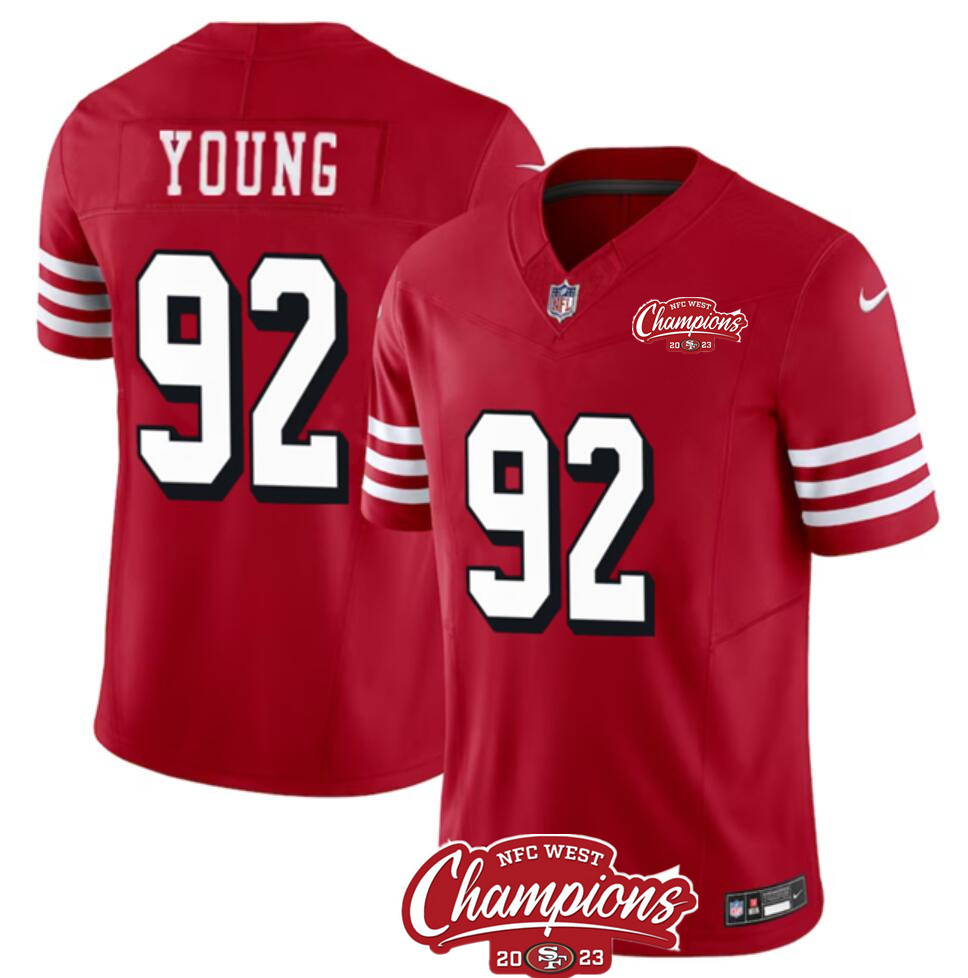 Men's San Francisco 49ers #92 Chase Young Red 2023 F.U.S.E. NFC West Champions Patch Alternate Stitched Football Jersey Men's San Francisco 49ers #92 Chase Young Red 2023 F.U.S.E. NFC West Champions Patch Alternate Stitched Football Jersey