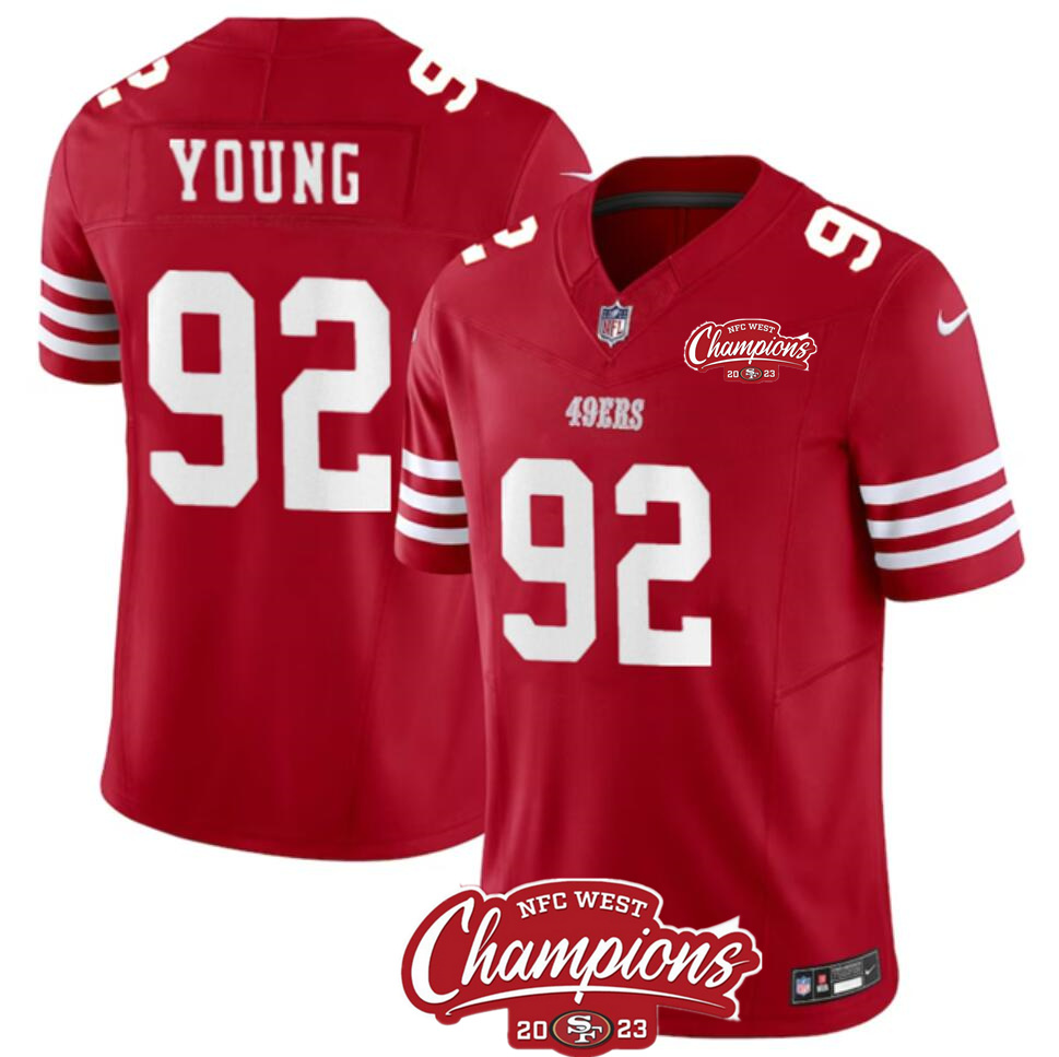 Men's San Francisco 49ers #92 Chase Young Red 2023 F.U.S.E. NFC West Champions Patch Stitched Football Jersey Men's San Francisco 49ers #92 Chase Young Red 2023 F.U.S.E. NFC West Champions Patch Stitched Football Jersey