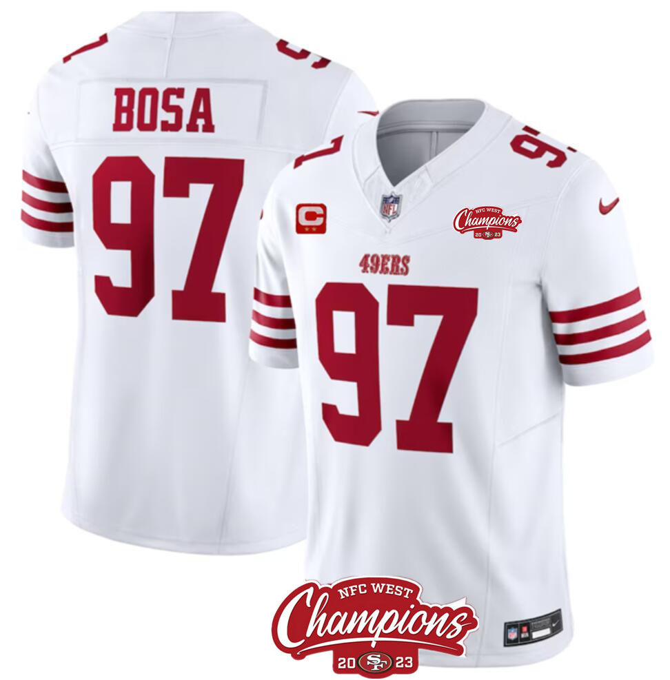 Men's San Francisco 49ers #97 Nick Bosa White 2023 F.U.S.E. With 2-star C Patch And NFC West Champions Patch Stitched Football Jersey Men's San Francisco 49ers #97 Nick Bosa White 2023 F.U.S.E. With 2-star C Patch And NFC West Champions Patch Stitched Football Jersey