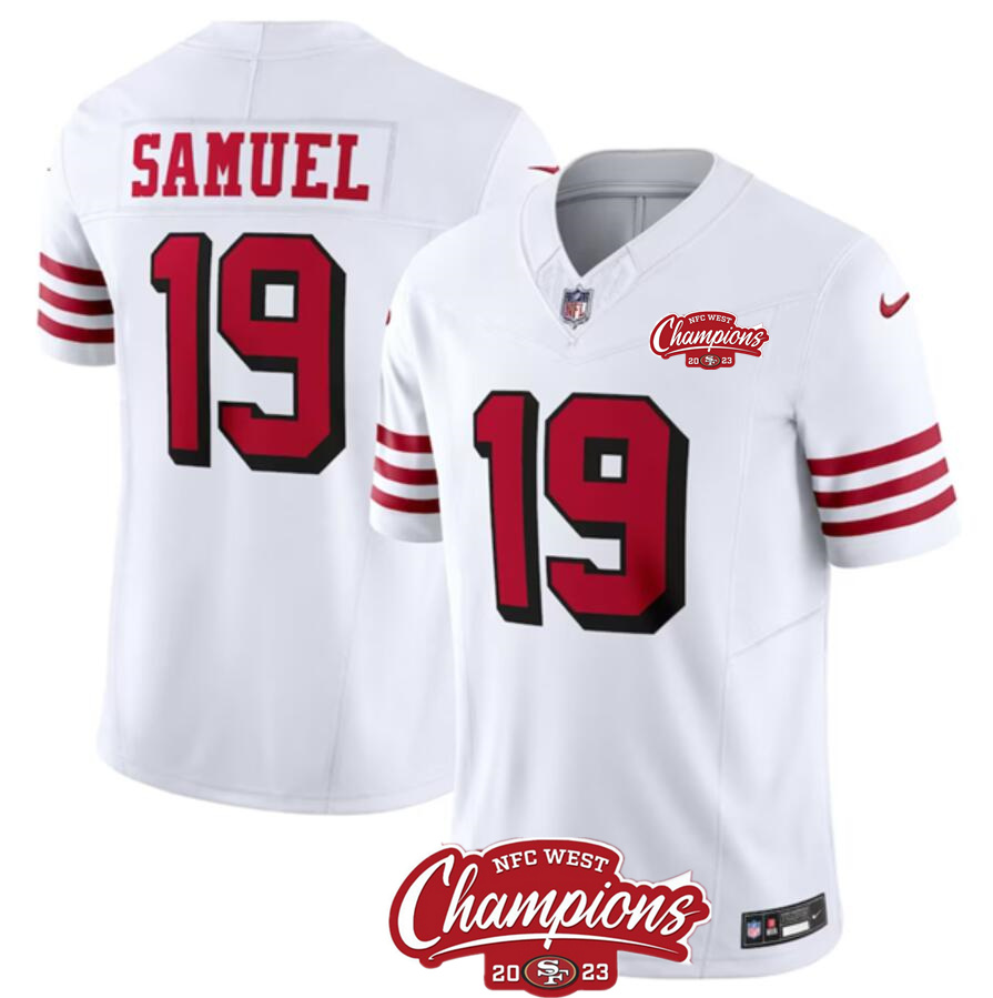 Men's San Francisco 49ers #19 Deebo Samuel White 2023 F.U.S.E. NFC West Champions Patch Alternate Stitched Football Jersey Men's San Francisco 49ers #19 Deebo Samuel White 2023 F.U.S.E. NFC West Champions Patch Alternate Stitched Football Jersey