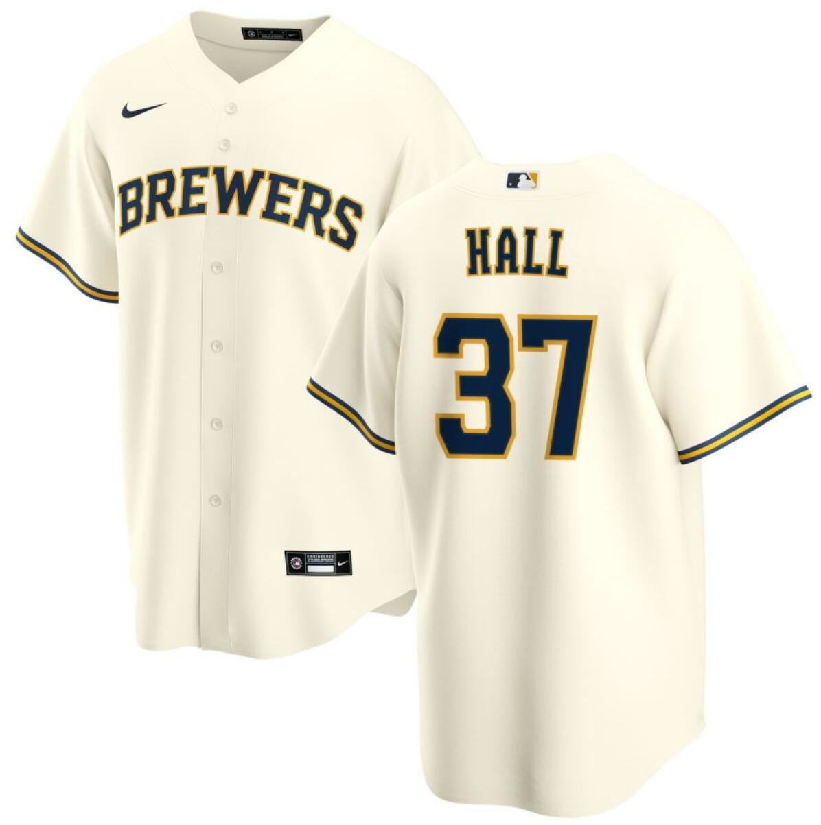 Men's Milwaukee Brewers #37 D.L. Hall Cream Cool Base Stitched Jersey Men's Milwaukee Brewers #37 D.L. Hall Cream Cool Base Stitched Jersey