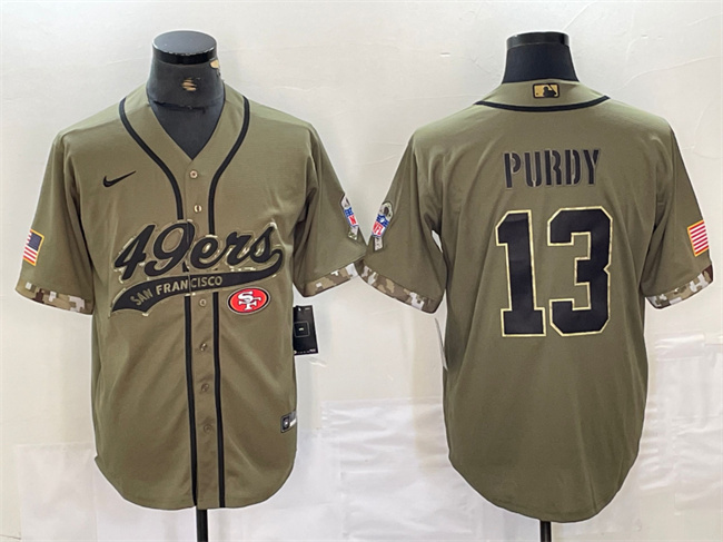 Men's San Francisco 49ers #13 Brock Purdy Olive Salute to Service With Patch Cool Base Stitched Baseball Jersey Men's San Francisco 49ers #13 Brock Purdy Olive Salute to Service With Patch Cool Base Stitched Baseball Jersey