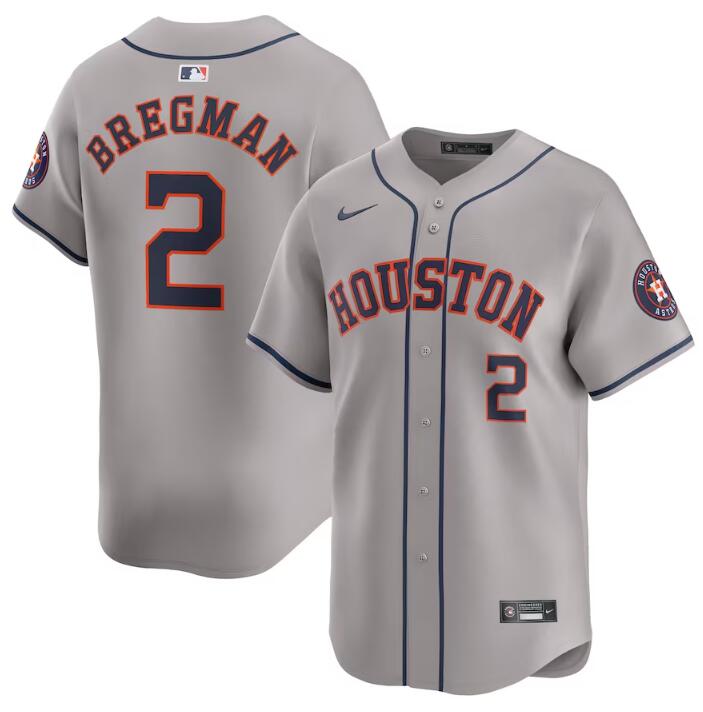 Men's Houston Astros #2 Alex Bregman Grey 2024 Away Limited Stitched Baseball Jersey Men's Houston Astros #2 Alex Bregman Grey 2024 Away Limited Stitched Baseball Jersey