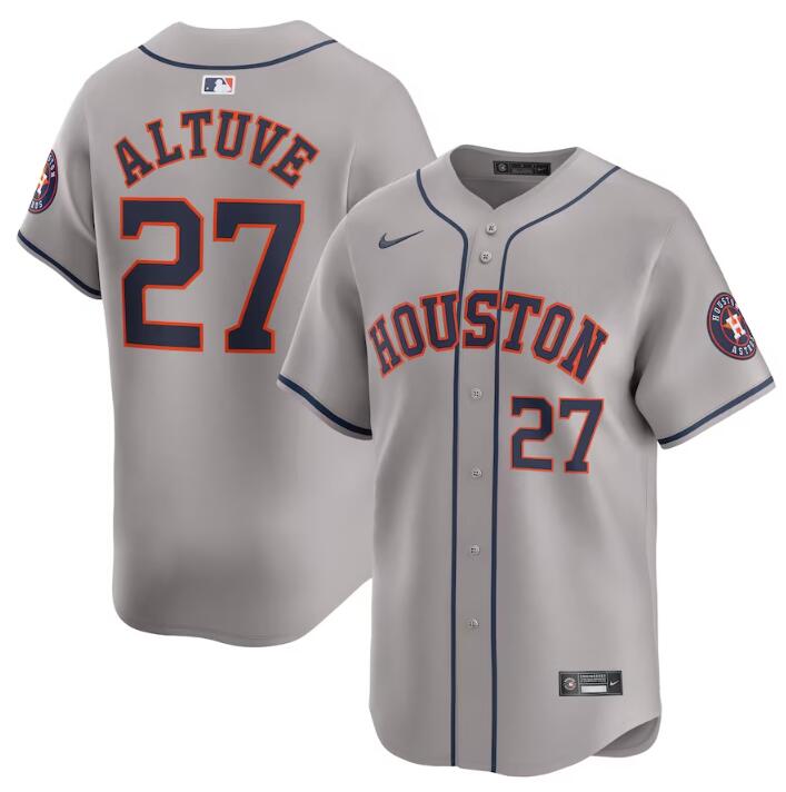 Men's Houston Astros #27 Jose Altuve Grey 2024 Away Limited Stitched Baseball Jersey Men's Houston Astros #27 Jose Altuve Grey 2024 Away Limited Stitched Baseball Jersey