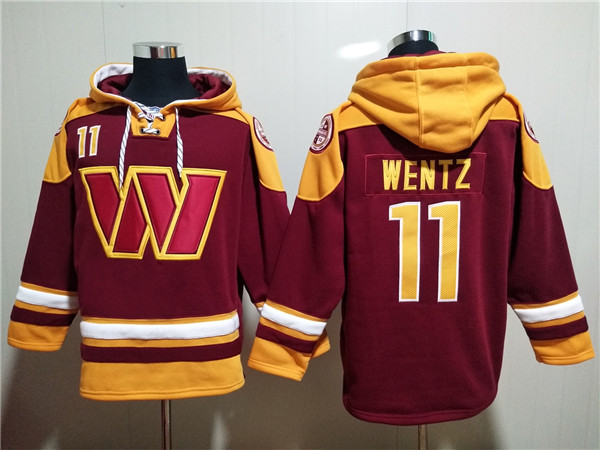 Men's Washington Commanders #11 Carson Wentz Burgundy Lace-Up Pullover Hoodie Men's Washington Commanders #11 Carson Wentz Burgundy Lace-Up Pullover Hoodie