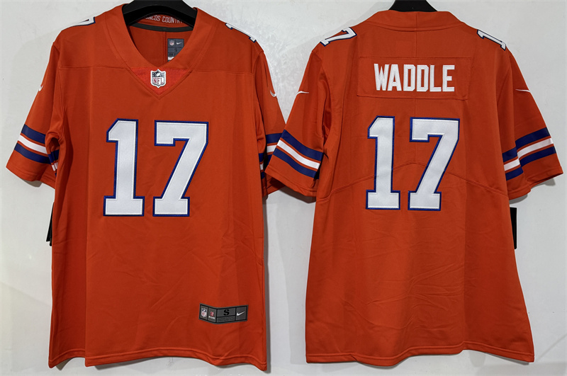 Men's Denver Broncos #17 Jaylen Waddle Orange Mile High Collection 1977 Throwback Vapor Limited Stitched Football Jersey