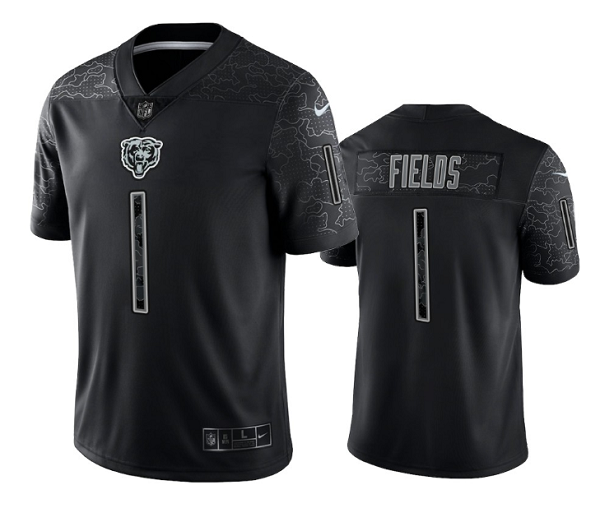 Men's Chicago Bears #1 Justin Fields Black Reflective Limited Stitched Football Jersey Men's Chicago Bears #1 Justin Fields Black Reflective Limited Stitched Football Jersey