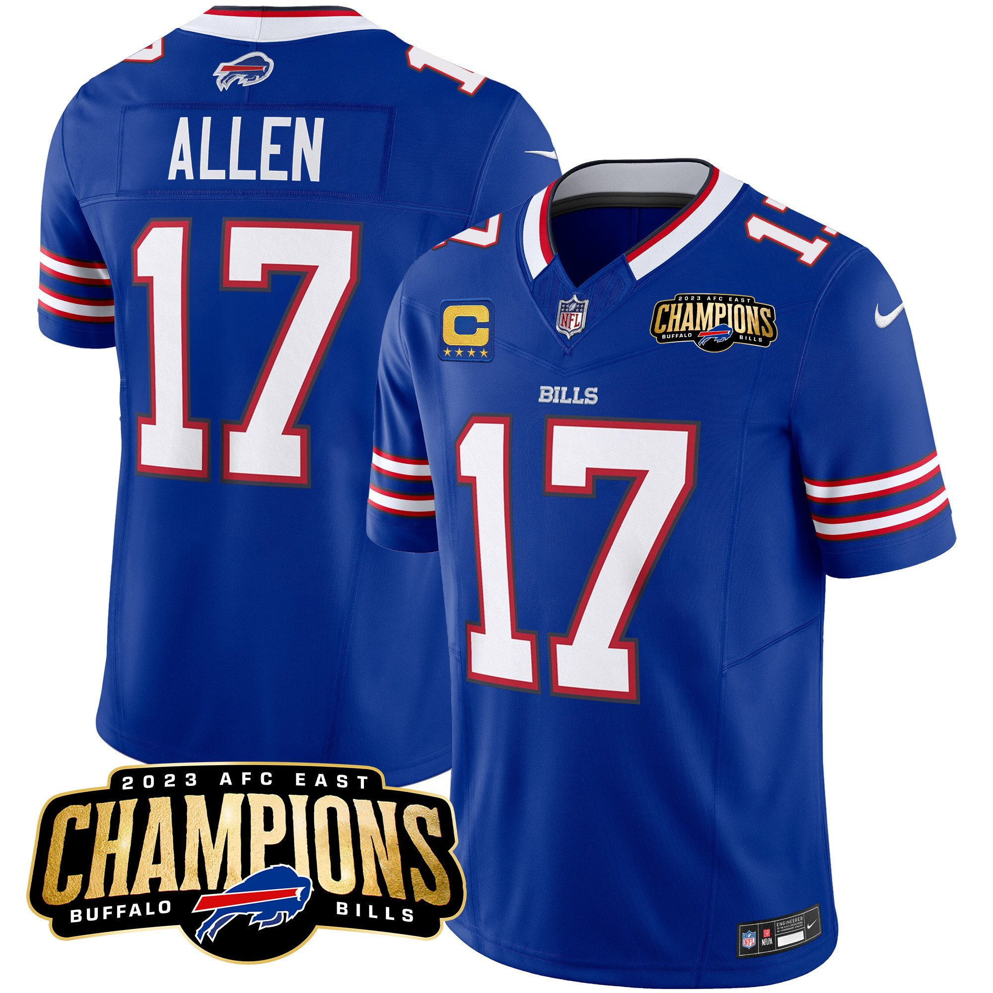 Men's Buffalo Bills #17 Josh Allen Blue 2023 F.U.S.E. AFC East Champions With 4-star C Ptach Stitched Football Jersey Men's Buffalo Bills #17 Josh Allen Blue 2023 F.U.S.E. AFC East Champions With 4-star C Ptach Stitched Football Jersey
