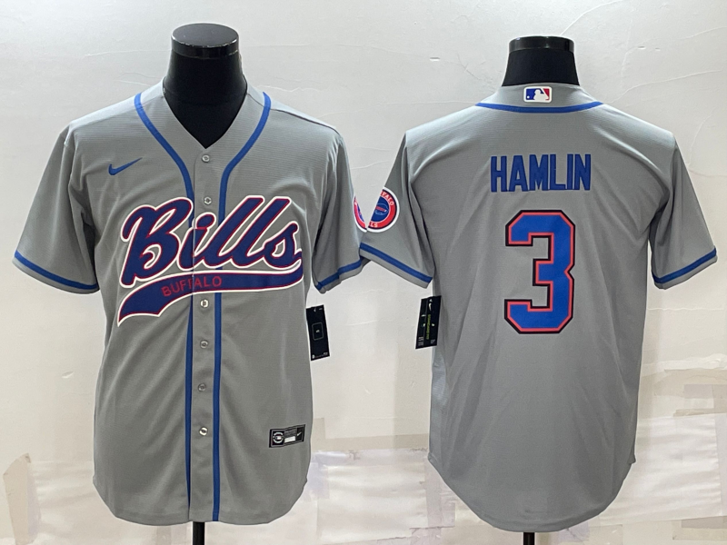 Men's Buffalo Bills #3 Damar Hamlin Gray With Patch Cool Base Stitched Baseball Jersey Men's Buffalo Bills #3 Damar Hamlin Gray With Patch Cool Base Stitched Baseball Jersey