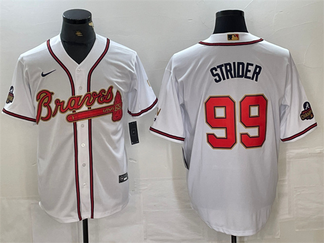 Men's Atlanta Braves #99 Spencer Strider White/Gold World Series Champions Cool Base Stitched Baseball Jersey Men's Atlanta Braves #99 Spencer Strider White/Gold World Series Champions Cool Base Stitched Baseball Jersey