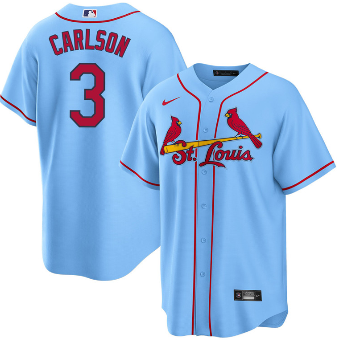 Men's St. Louis Cardinals #3 Dylan Carlson Blue Cool Base Stitched Jersey Men's St. Louis Cardinals #3 Dylan Carlson Blue Cool Base Stitched Jersey