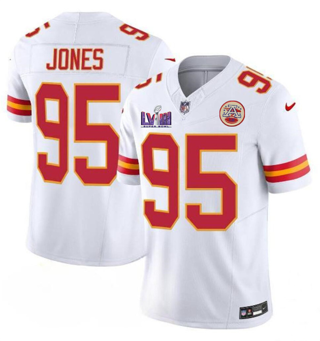 Men's Kansas City Chiefs #95 Chris Jones White F.U.S.E. Super Bowl LVIII Patch Vapor Untouchable Limited Stitched Football Jersey Men's Kansas City Chiefs #95 Chris Jones White F.U.S.E. Super Bowl LVIII Patch Vapor Untouchable Limited Stitched Football Jersey